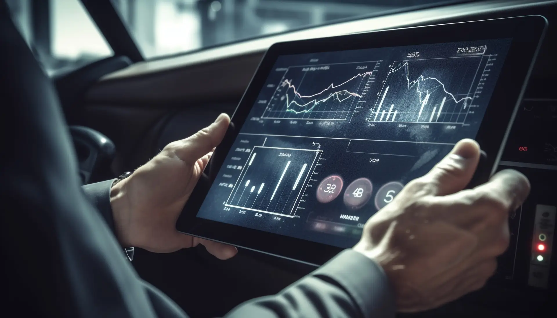 man suit is holding tablet front car with graph it