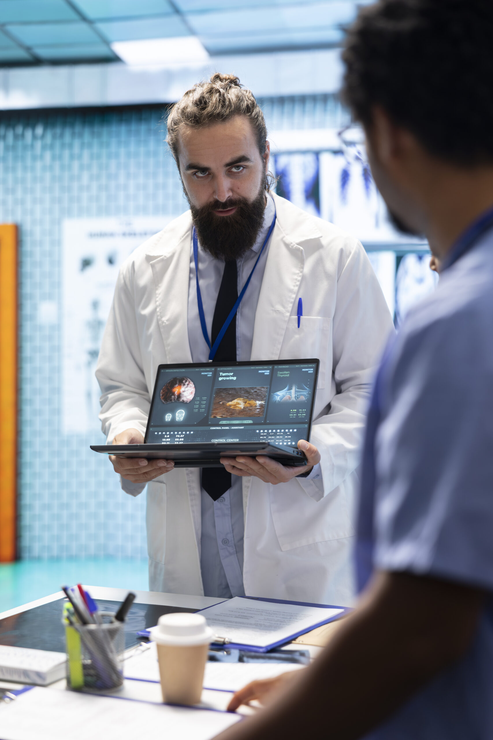 neuroscience expert reviewing mri brain scan results with doctors