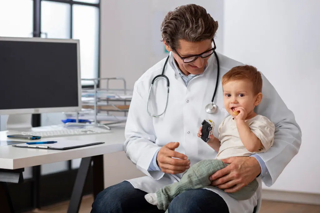 pediatrician holding toddler consulation