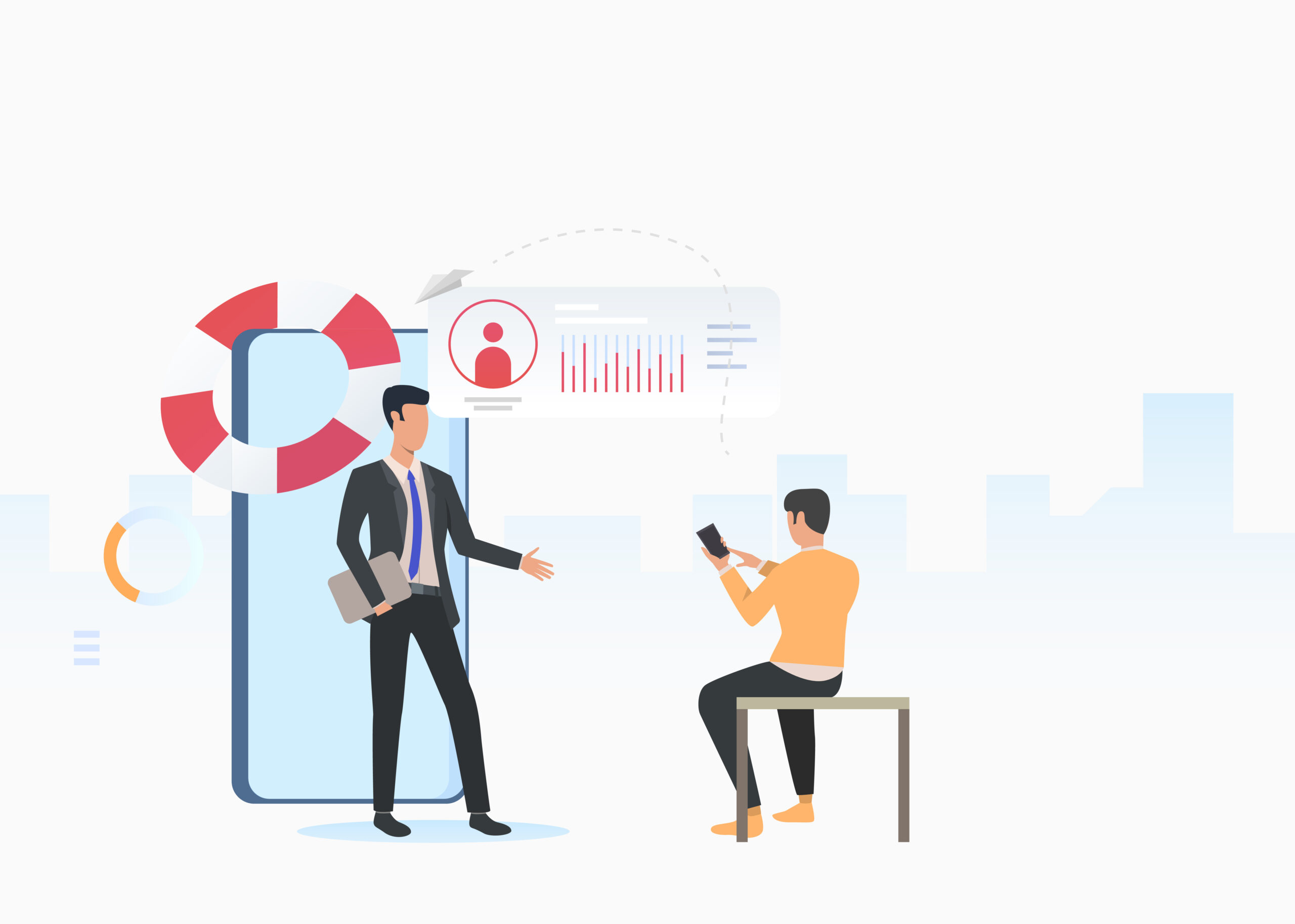 business consultant and man using smartphone